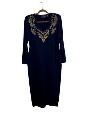 VTG Carole Little Embellished Knit Maxi Dress Black Gold Beaded Wool Blend L